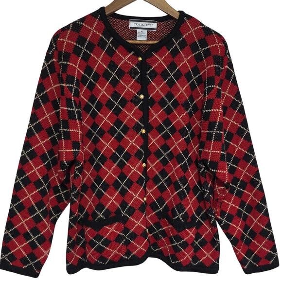 Crystal-Kobe Sweaters - VTG Crystal-Kobe Sz XL Red Black Argyle Gold Button Pockets Cardigan Sweater